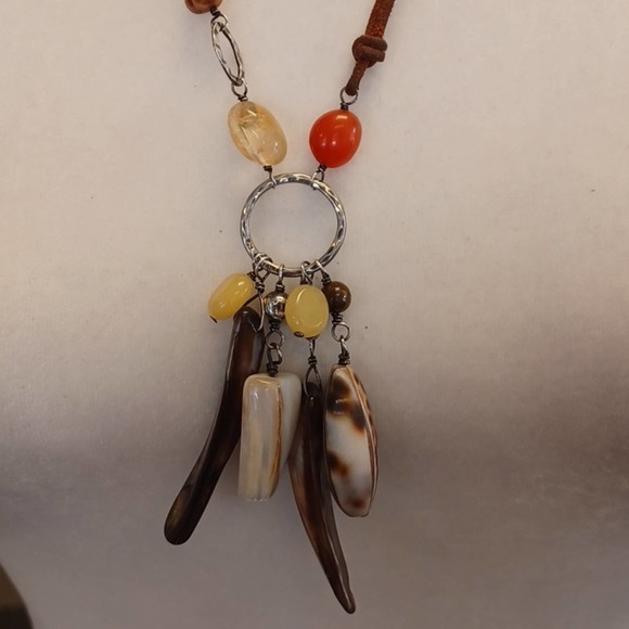 Silpada Quartz MOP Quartz Jade Long Necklace Brown Leather Cord - Picture 2 of 6